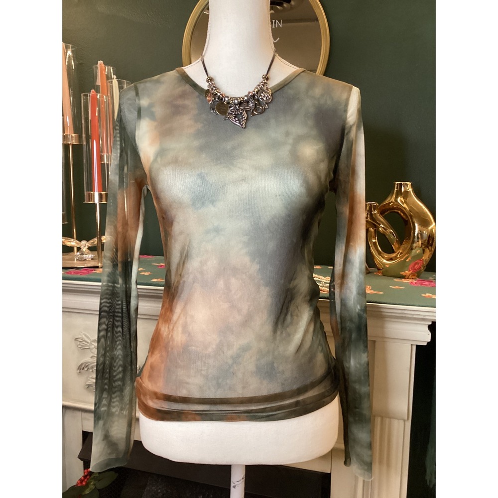 Willow + Root Mesh Sheer Top Small Green Brown Excellent Tie Dye Long Sleeve